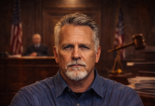 When Law Becomes the Weapon and Justice Becomes Theater Serious man seated in a courtroom with a judge and scales of justice blurred in the background