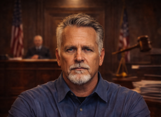 When Law Becomes the Weapon and Justice Becomes Theater Serious man seated in a courtroom with a judge and scales of justice blurred in the background