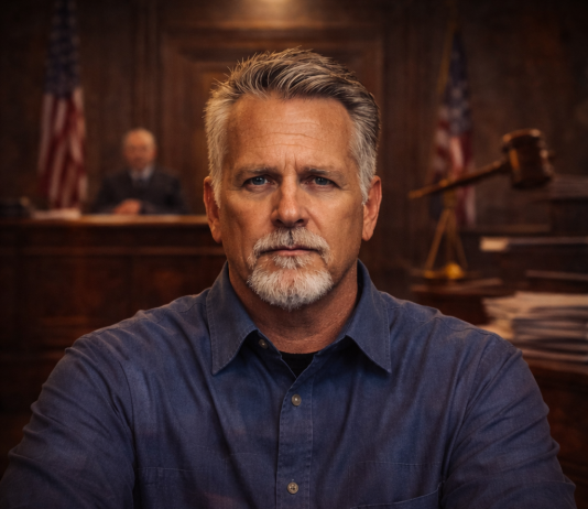 When Law Becomes the Weapon and Justice Becomes Theater Serious man seated in a courtroom with a judge and scales of justice blurred in the background