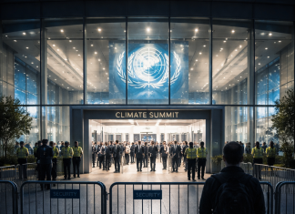 A Peek Inside the World’s Largest Climate Conference That Shapes Global Policy A guarded entrance to a large international climate conference, with security barriers separating the public from decision-makers inside